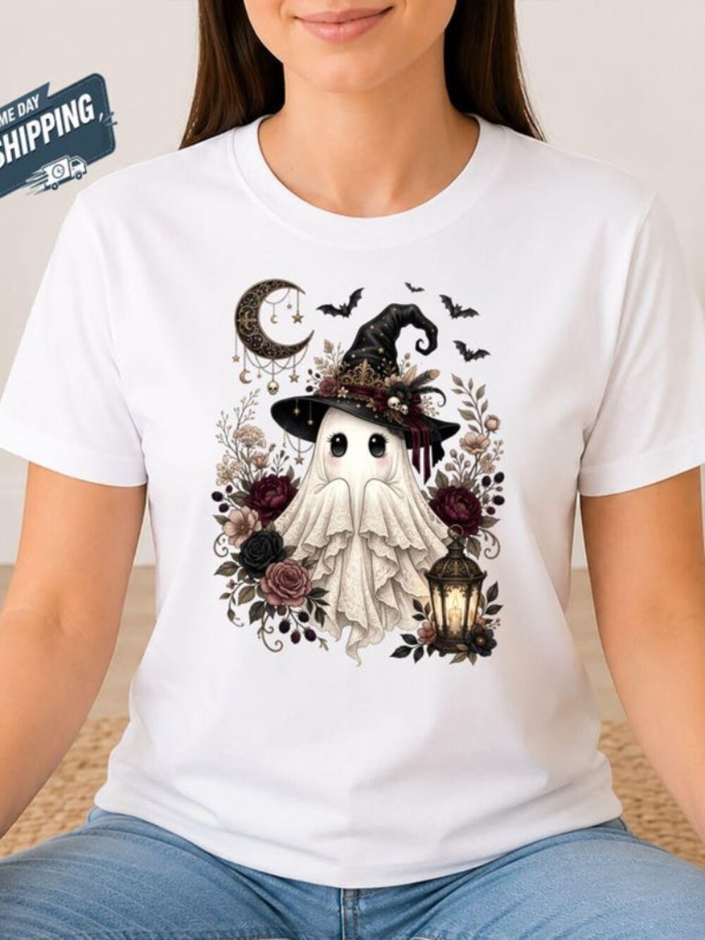 Gothic Ghost Halloween Shirt, Whimsigoth Witch Hat Tee